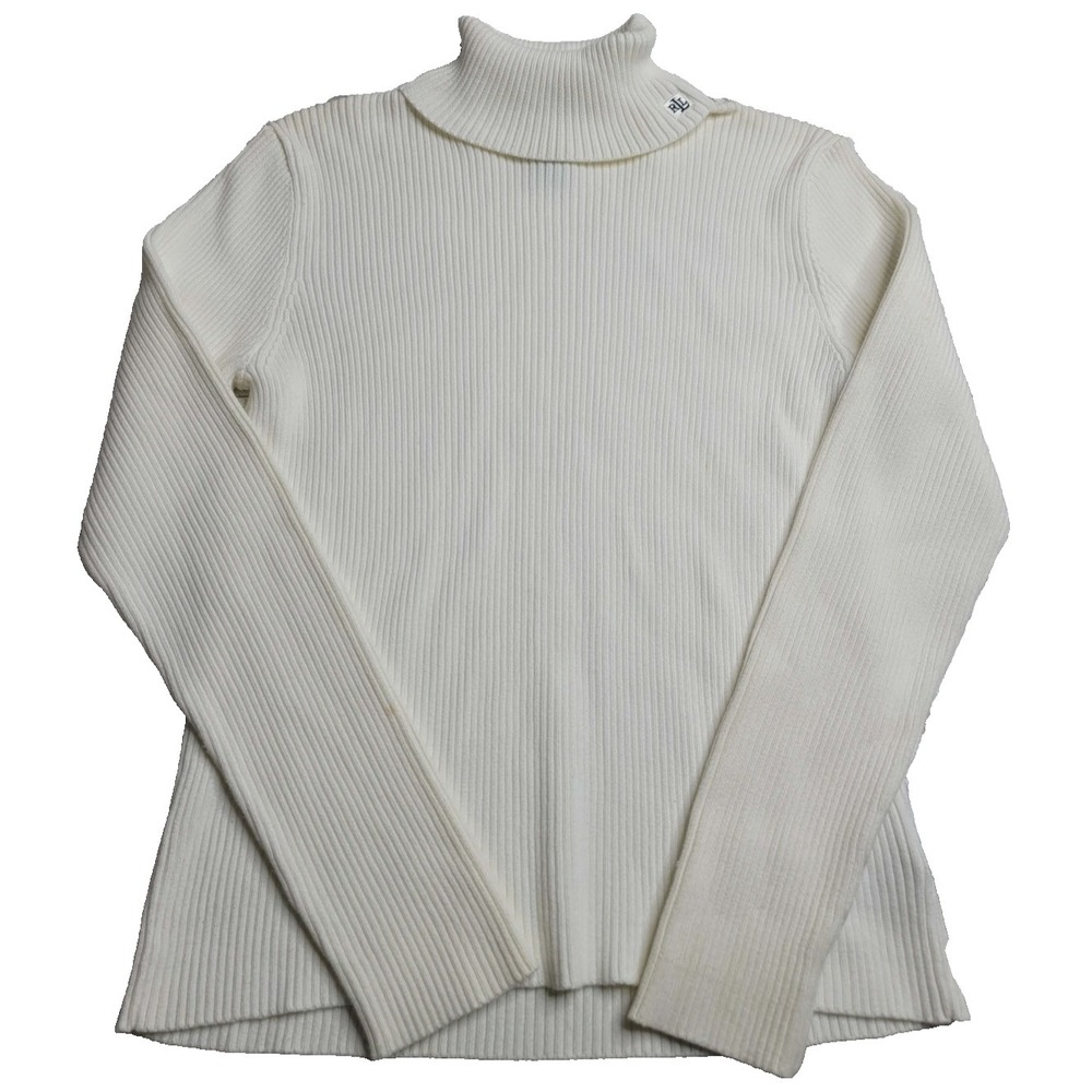 Lauren Ralph Lauren White Ribbed Turleneck Sweater Women's Petite M 100% Cotton